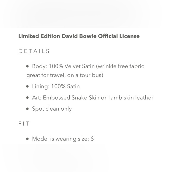 BOWIE STONED IMMACULATE X DAVID BOWIE VELVET TOUR JACKET SOLD OUT !! Unisex NWOT - Picture 8 of 8